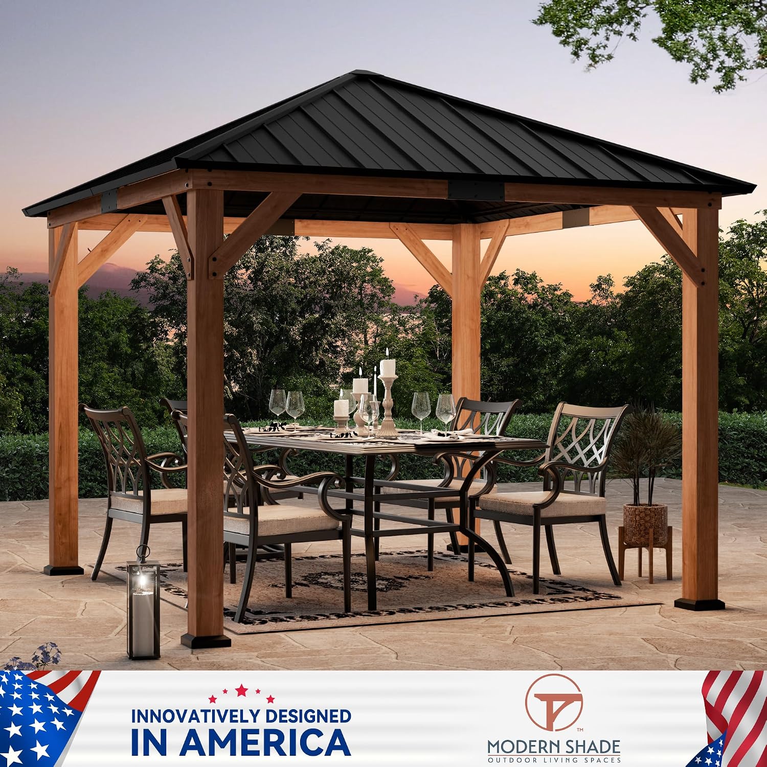 Modern Shade Tranquil Grove Wood Gazebo 10' x 10', Hardtop Gazebo Permanent with Galvanized Steel Roof, Cedar Outdoor Gazebo with Sturdy Hooks for Garden, Backyard, Patio and Deck