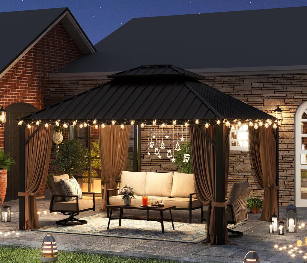 MIXPATIO 12' x 14' Hardtop Gazebo, Galvanized Steel Metal Double Roof Gazebo, Permanent Outdoor Metal Pavilion with Curtain and Netting for Deck, Backyard, Patio, Lawns