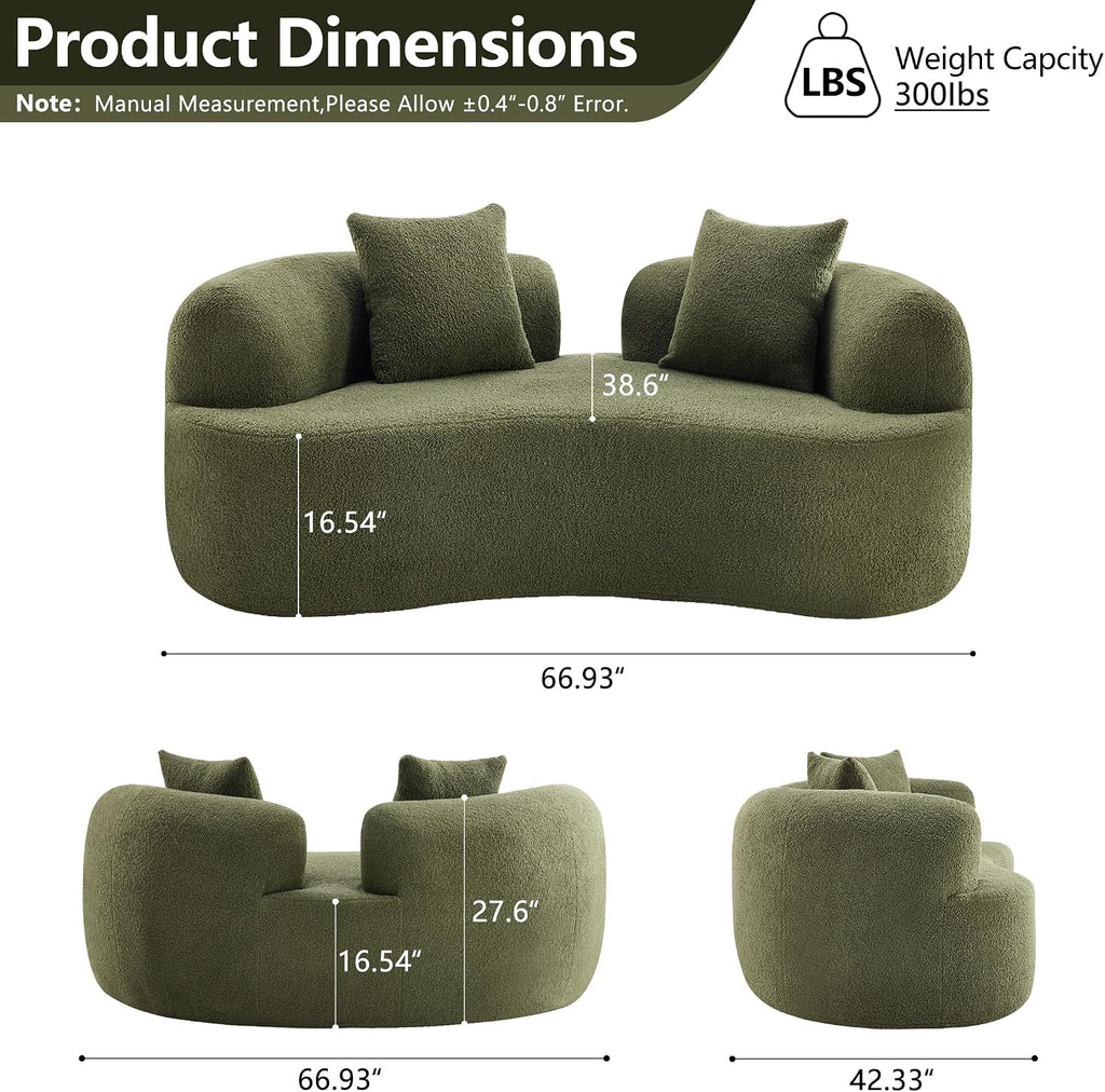 67'Curved Loveseat Sofa for Living Room, Deep Seat Love Seat Couch with 2 Throw Pillows, Modern Loveseat Adopt Teddy Fabric, Suitable Small Spaces The Cloud Loveseat, No Assembly Needed, Green