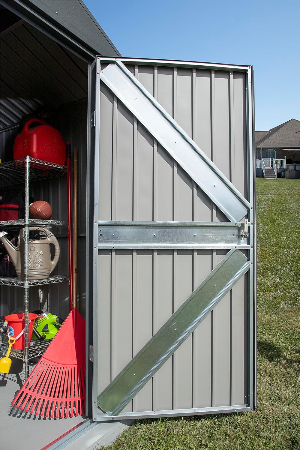 Arrow Shed Elite 12' x 14' Tall Outdoor Steel Storage Shed with High Gable and Lockable Doors Storage Building, Anthracite