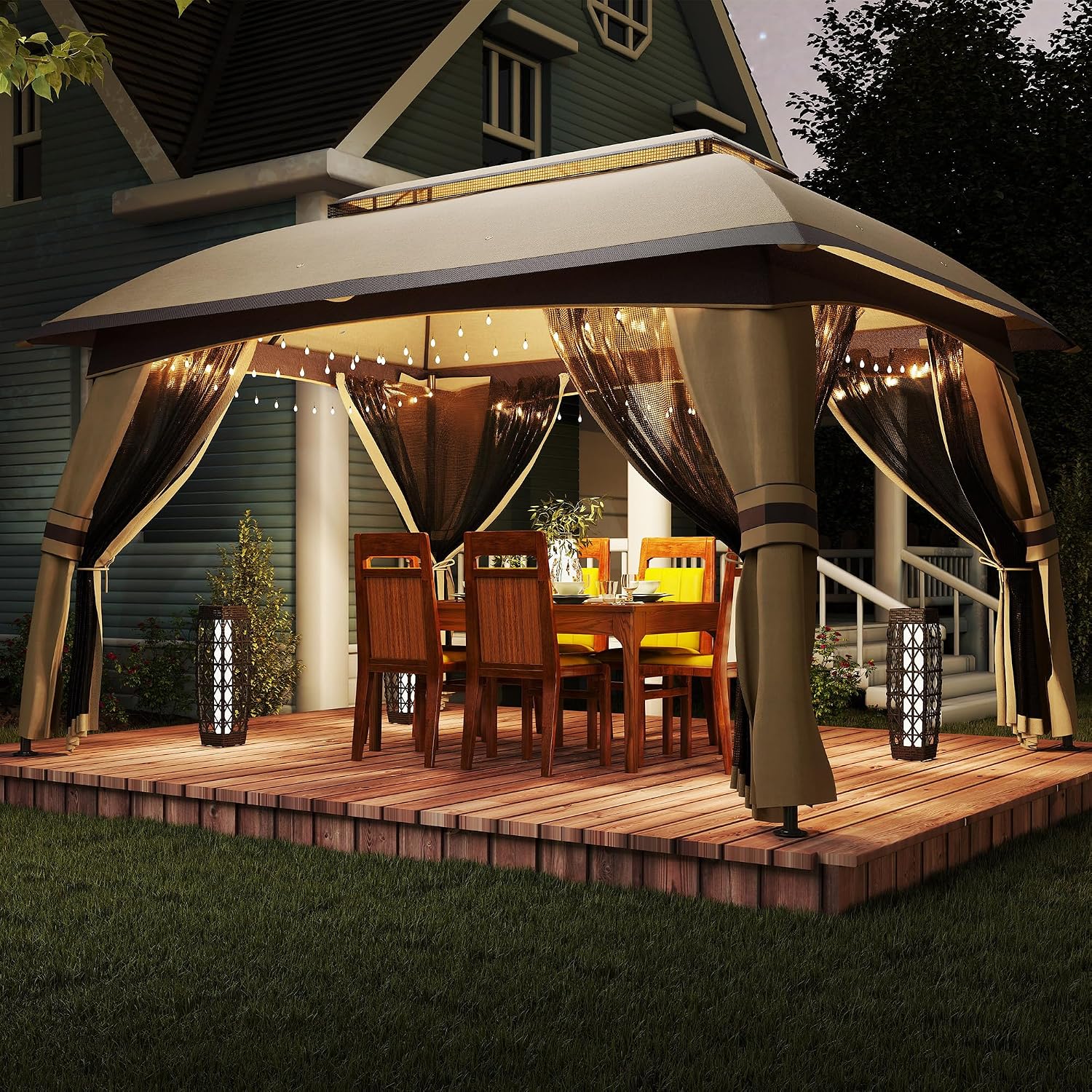 Outsunny 10' x 13' Patio Gazebo, Outdoor Gazebo Canopy Shelter with Netting, Vented Roof, Steel Frame for Garden, Lawn, Backyard, and Deck, Beige