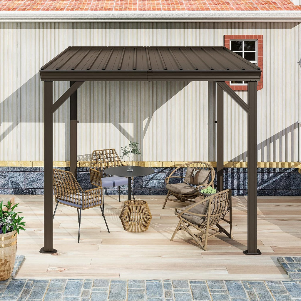 Domi 8x8FT Lean to Gazebo, Outdoor Hardtop Wall Mounted Gazebo with Sloping Galvanized Steel Roof, Upgraded Heavy Duty Mounted Shelter with Drainage System for Deck, Porch, Backyard, Brown