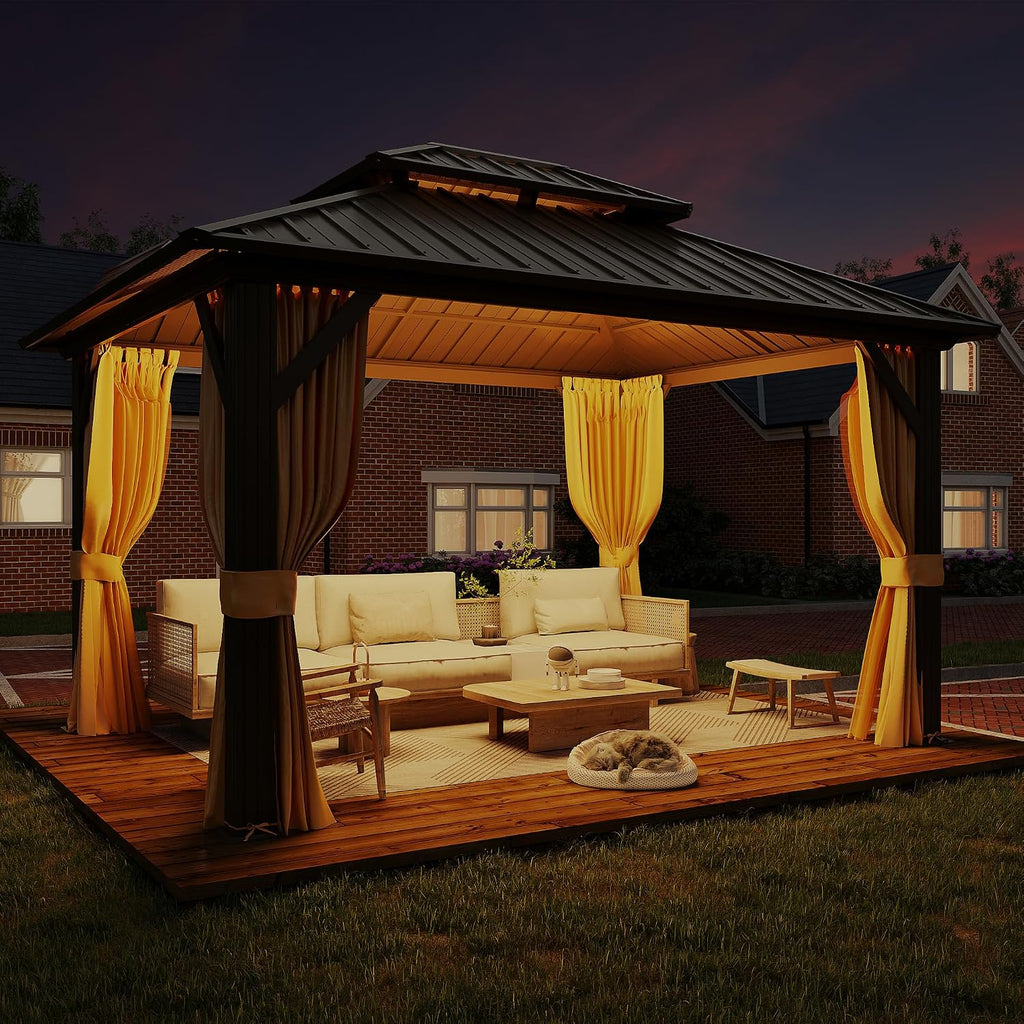 MELLCOM 10' x 12' Gazebo, Hardtop Double Roof Gazebo with Aluminum Frame, Galvanized Steel Outdoor Pavilion with Curtain and Netting for Patio, Garden, Lawn, Brown