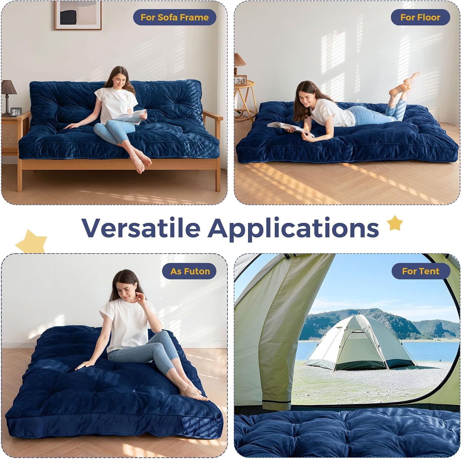 MAXYOYO 6' Futon Mattress Full Size, Velvet Thick Futons Sofa Couch, Versatile Floor Mattress for Adults, Shredded Foam Filling (Frame Not Included), Navy