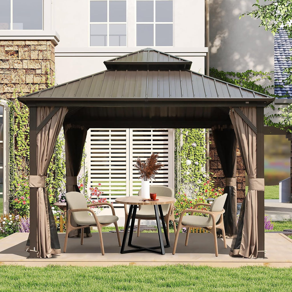 Domi 10'x10' Hardtop Gazebo, Outdoor Metal Gazebo with Galvanized Steel Double Roof, Curtains & Netting, Permanent Pavilion for Patio, Backyard, Party, Outdoor Dining, Brown