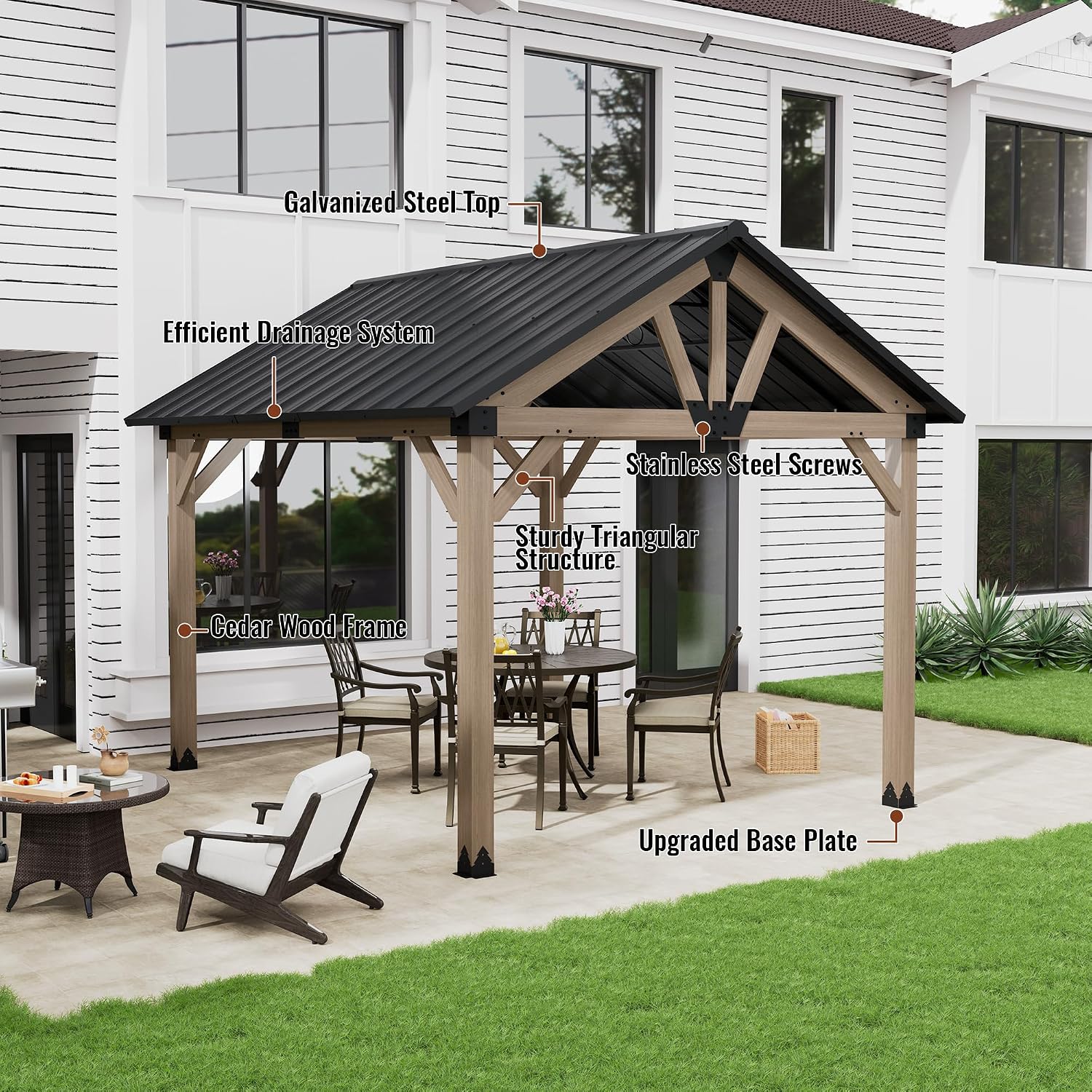 10 x 12 ft Gable Cedar Wood Gazebo Premium Hardtop Permanent Gazebo Pergola with Galvanized Steel Roof Pavilion for Patio Lawn Backyard