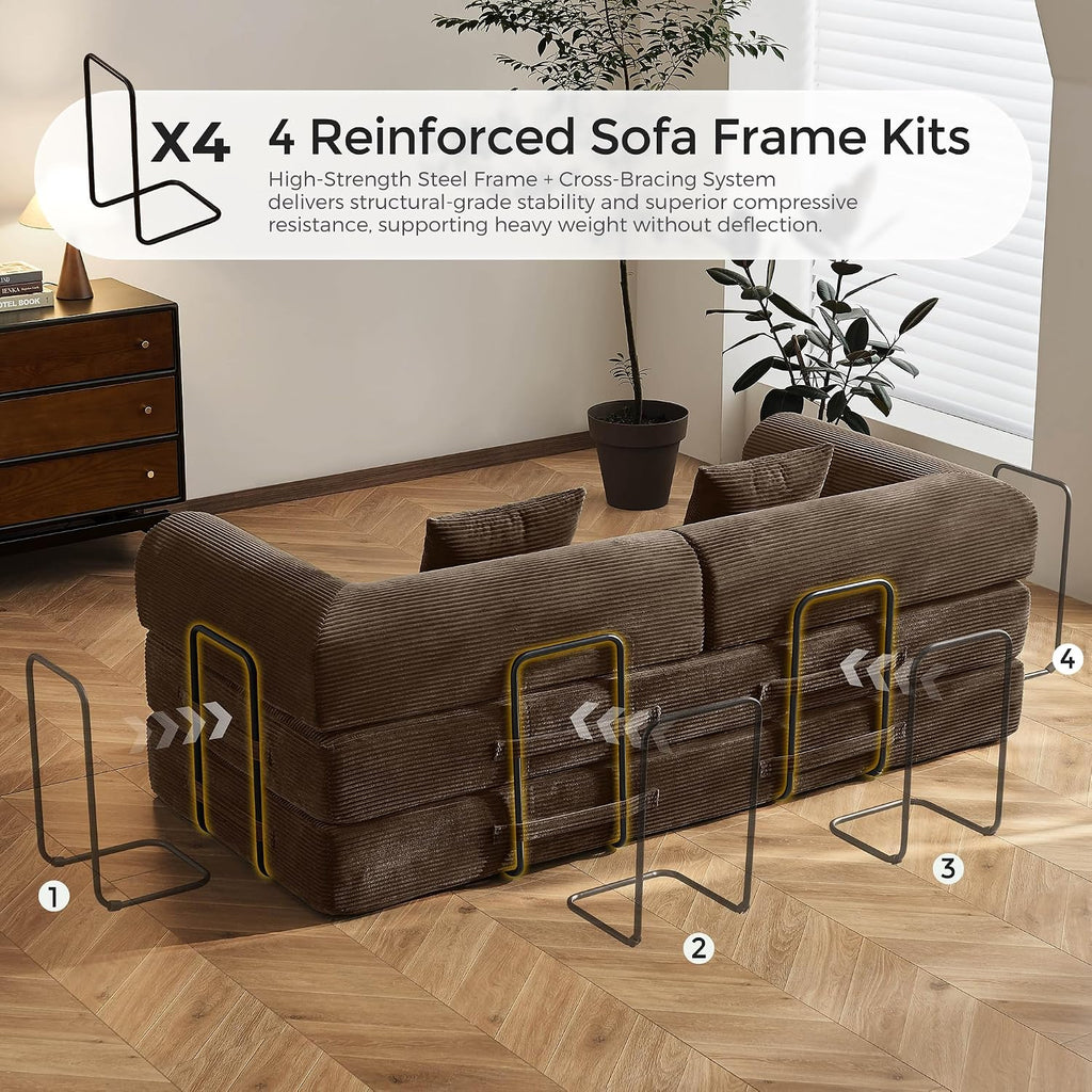 79' Convertible Sofa Bed with Fixed-Shape Frame & Removable Armrests, Modular Corduroy Sleeper Sofa, Folding Mattress Couch for Small Spaces - No Assembly Needed in Brown (Includes 2 Pillows)
