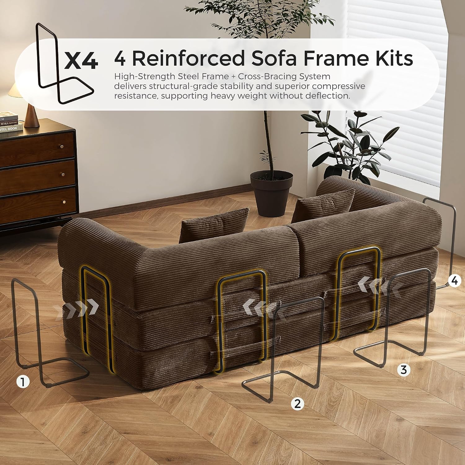79' Convertible Sofa Bed with Fixed-Shape Frame & Removable Armrests, Modular Corduroy Sleeper Sofa, Folding Mattress Couch for Small Spaces - No Assembly Needed in Brown (Includes 2 Pillows)