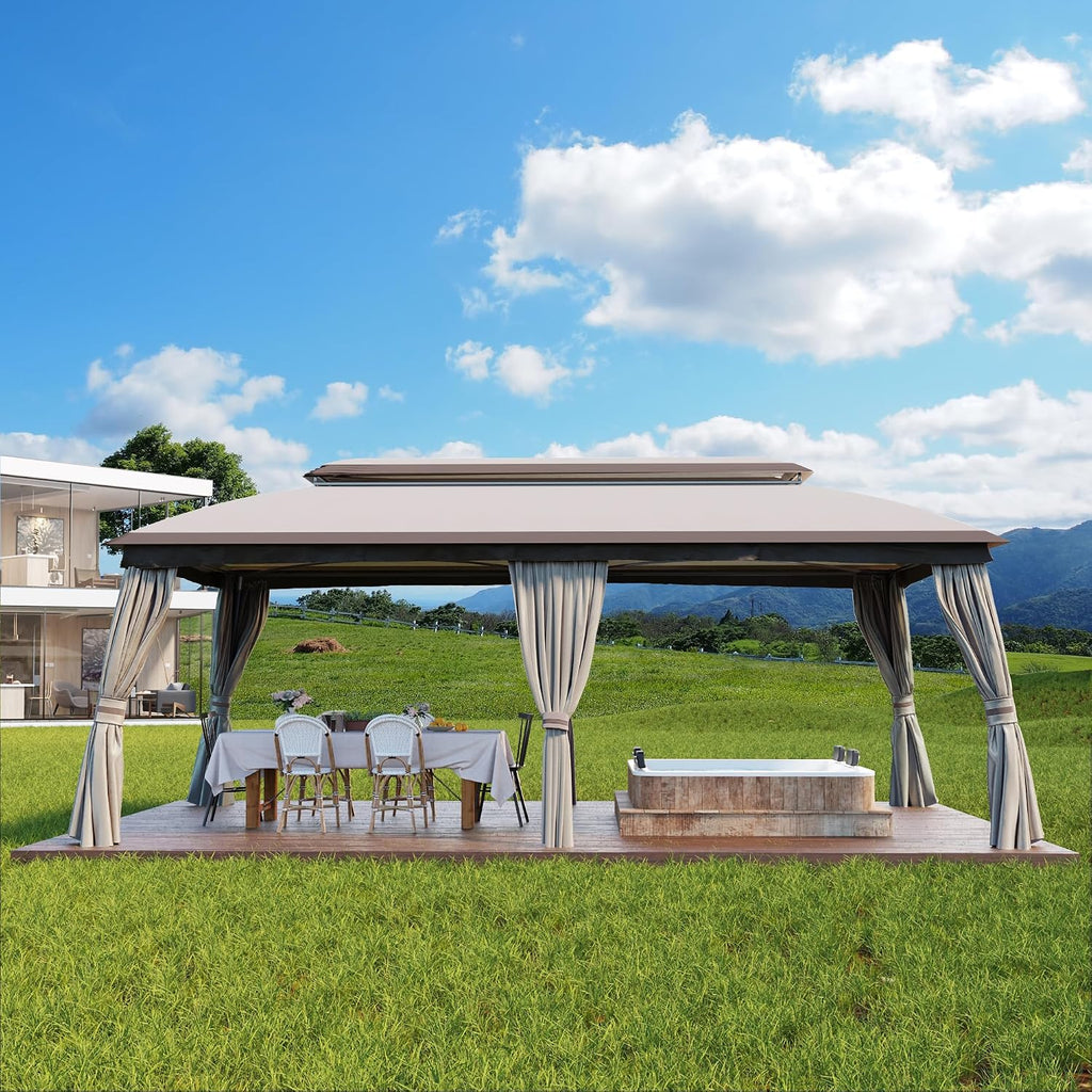 Outdoor Patio Gazebo 10'x20', CPAI-84 Heavy Duty Party Tent & Shelter with Double Roofs, Mosquito Netting and Privacy Curtains for Backyard, Garden, Lawn, Beige