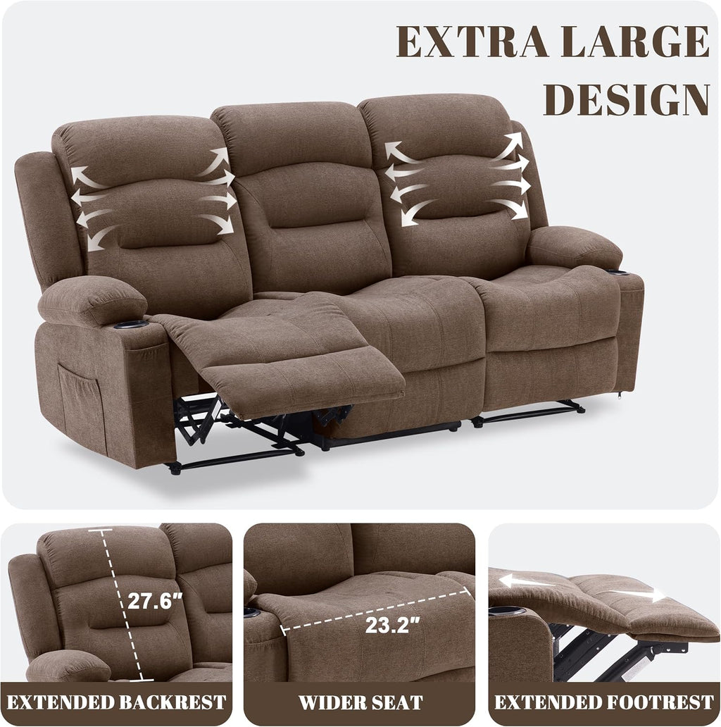 Oversized Recliner Sofa with Massage and Heat, Large Big 3-Seater RV Recliner Couch Sofa for Living Room, Wall-Hugger Reclining Sofa with Cup Holders and USB Port (Fabric, Brown)