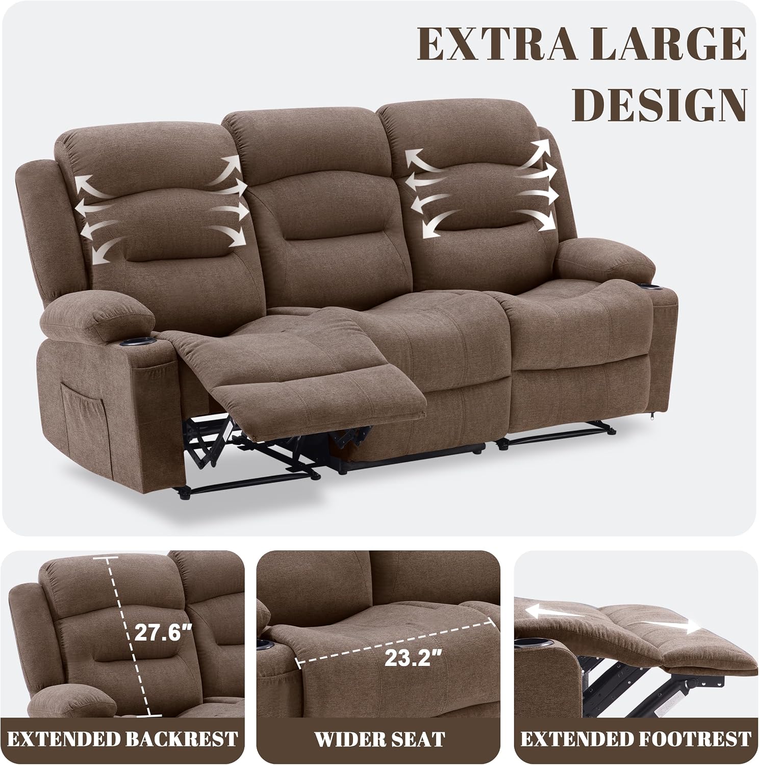 Oversized Recliner Sofa with Massage and Heat, Large Big 3-Seater RV Recliner Couch Sofa for Living Room, Wall-Hugger Reclining Sofa with Cup Holders and USB Port (Fabric, Brown)
