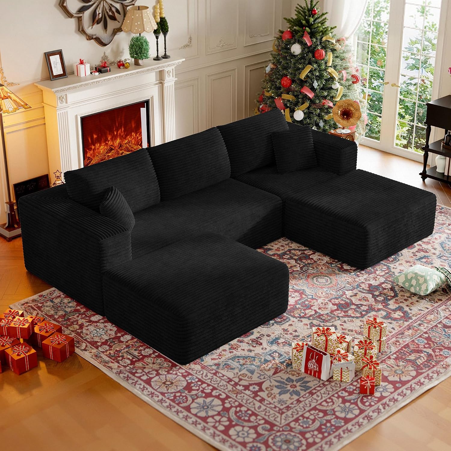 CHORRO107''Sectional Cloud Couch for Livingroom,Modular Corduroy Boneless Couch, U-Shaped Sofa with Chaise and Pillows,4-Deep Seat Sectional Sofa with 2 Ottoman,No Assembly(Black)