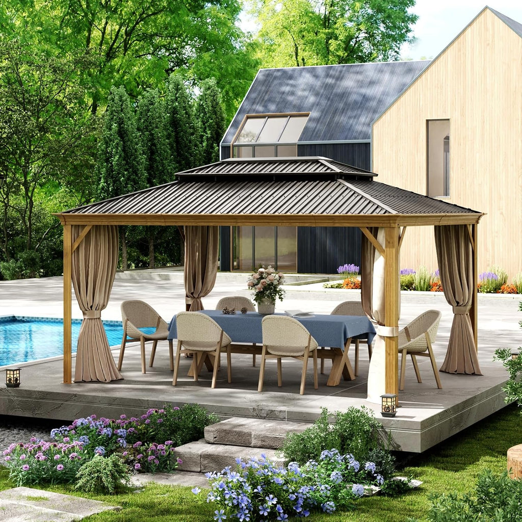 12x14ft Hardtop Gazebo, Wooden Finish Coated Aluminum Frame Canopy with Galvanized Steel Double Roof, Outdoor Permanent Metal Pavilion with Curtains & Netting for Garden, Brown (Wooden 12x14 Ft)
