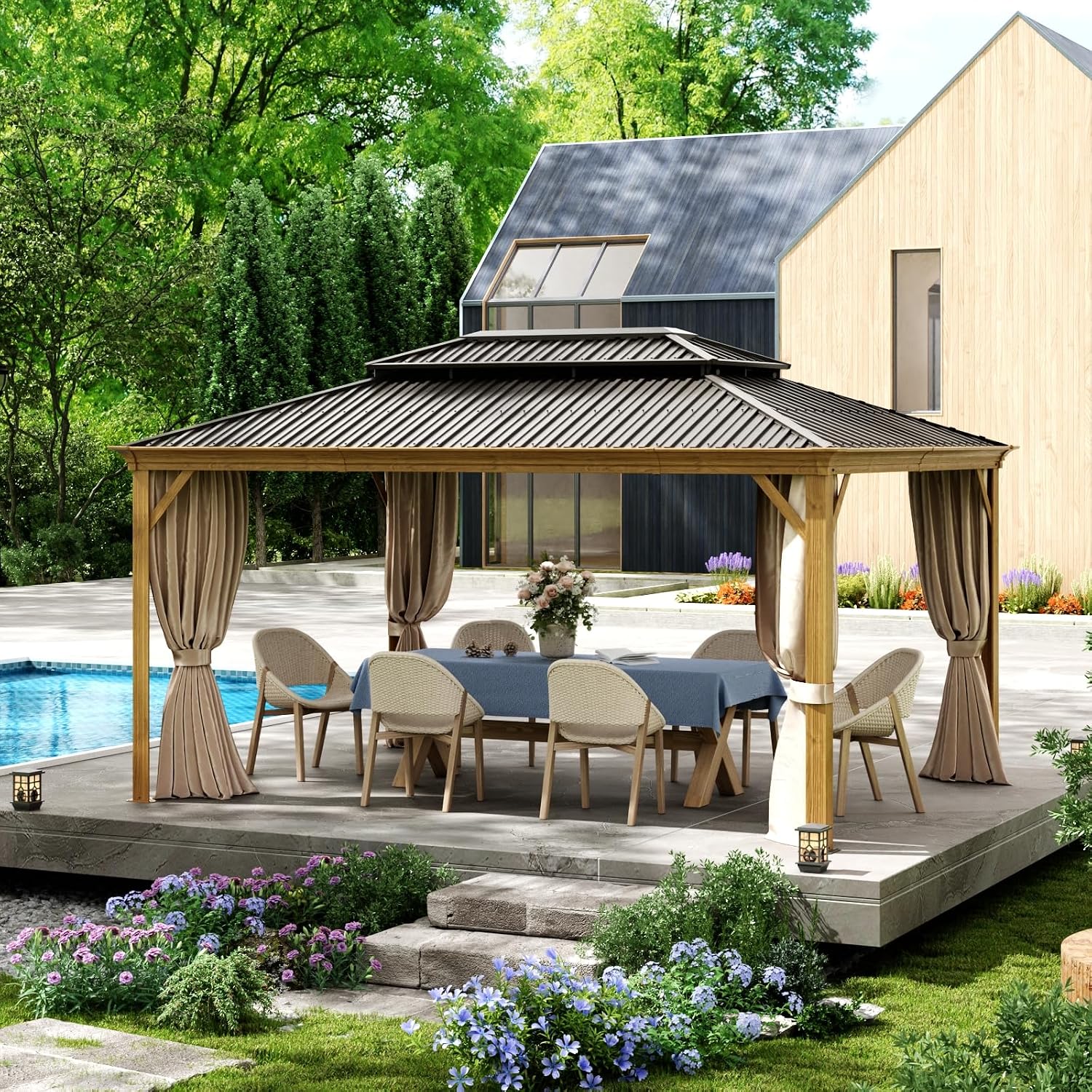 12x14ft Hardtop Gazebo, Wooden Finish Coated Aluminum Frame Canopy with Galvanized Steel Double Roof, Outdoor Permanent Metal Pavilion with Curtains & Netting for Garden, Brown (Wooden 12x14 Ft)
