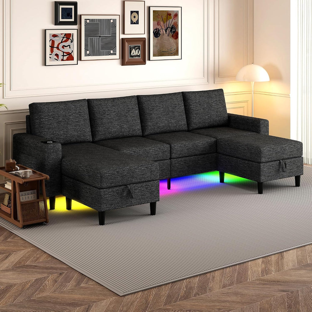 Sectional Couches for Living Room, 4 Seat Sectional Sofa with Smart Module-Wireless Charging/USB/Type-C/RGB Light, U Shaped Couch with Reversible Chaise Lounge/Storage Ottoman (Charcoal Grey)