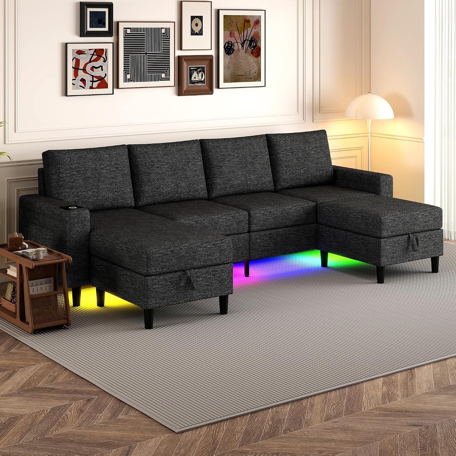 Sectional Couches for Living Room, 4 Seat Sectional Sofa with Smart Module-Wireless Charging/USB/Type-C/RGB Light, U Shaped Couch with Reversible Chaise Lounge/Storage Ottoman (Charcoal Grey)