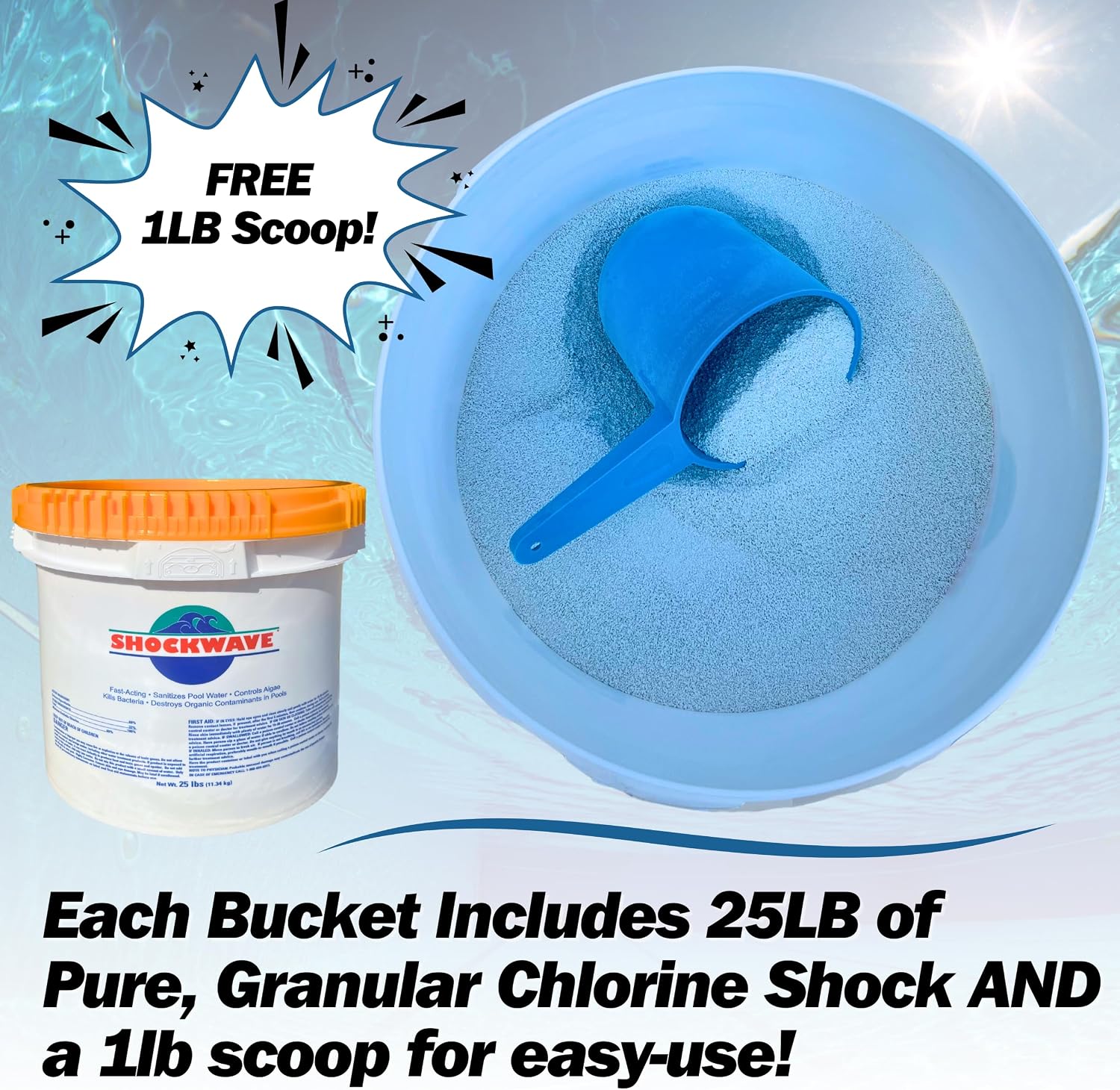 Super Shockwave Pool Shock – 73% Cal-Hypo Granular Sanitizer for Crystal Clear Water – Defends Against Bacteria, Algae, and Microorganisms - 25 Pounds