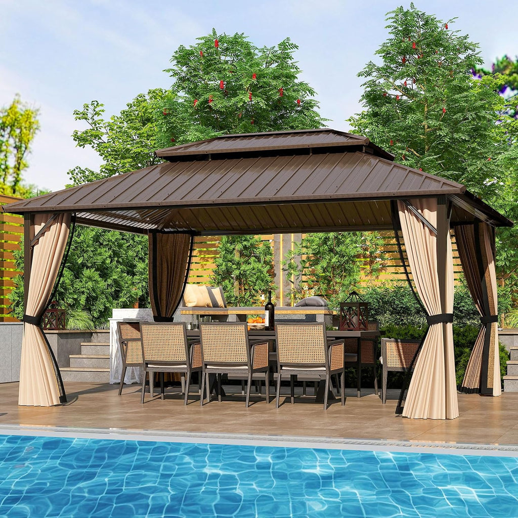 Tangkula 12x16 FT Hardtop Gazebo, Aluminum Frame Permanent Pavilion with Curtains, Netting, Heavy-Duty Double-Tier Galvanized Metal Roof, Outdoor Gazebo for Patios Garden Deck Lawn Backyard