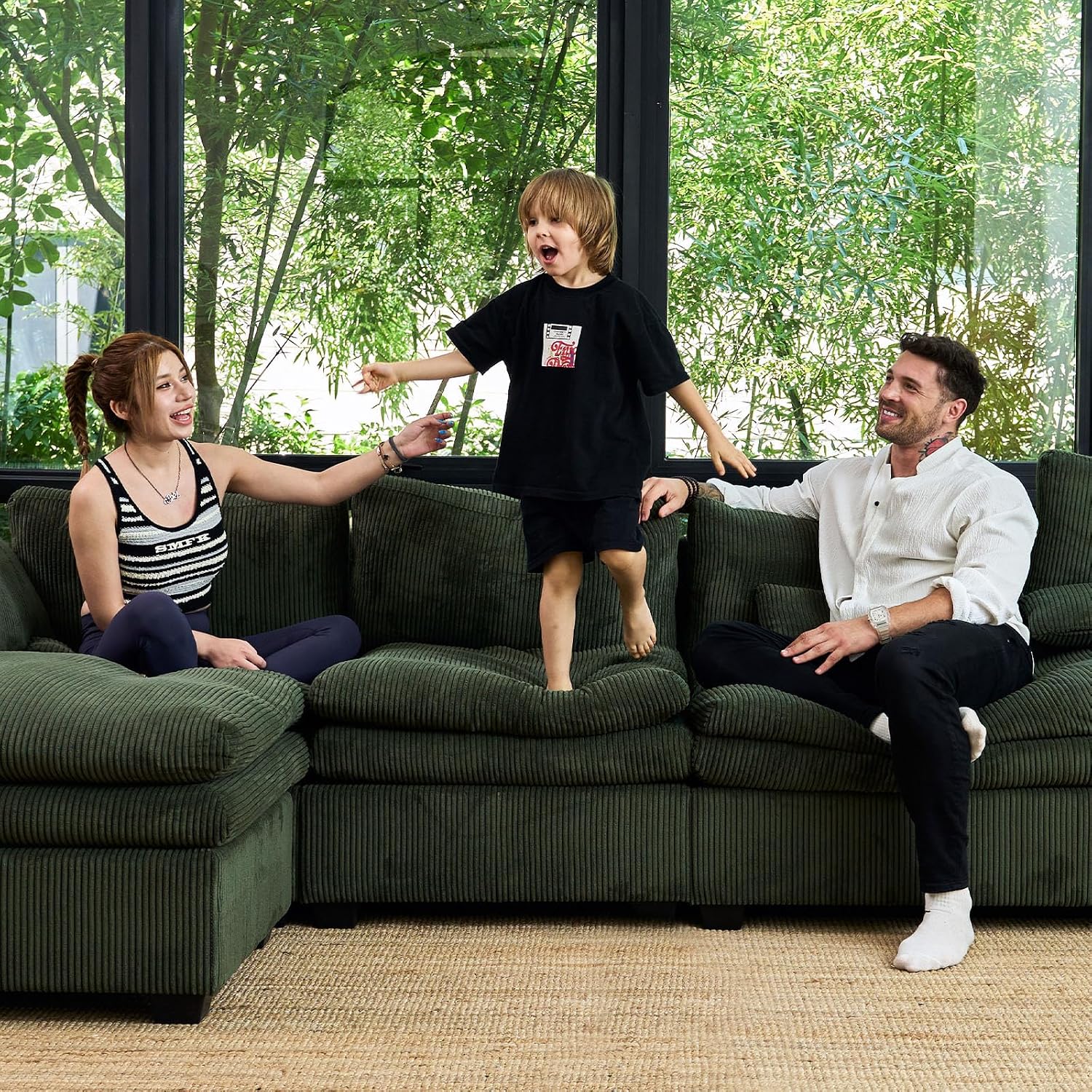 Belffin Large Modular Sectional Sofa with Double Deep Chaise, 135' Corduroy U Shaped Sectional Couch with 9' Soft Dual-Layer 6 Seats U Shaped Couch for Living Room, Apartment, Green