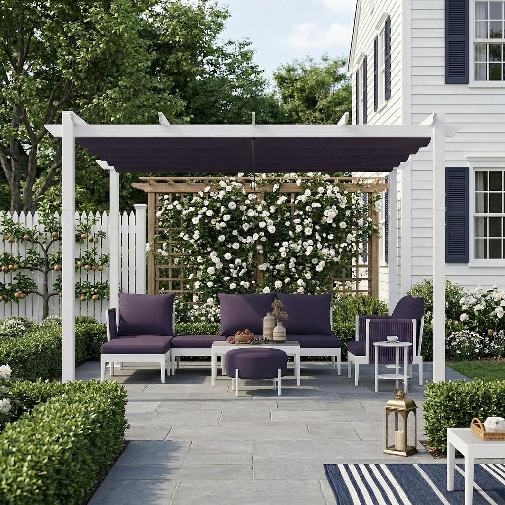 PURPLE LEAF 10' x 13' Patio Retractable Pergola Outdoor White Heavy-Duty Aluminum Pergola Metal with Double Sun Shade Canopy for Backyard Gardens Deck, Navy Blue