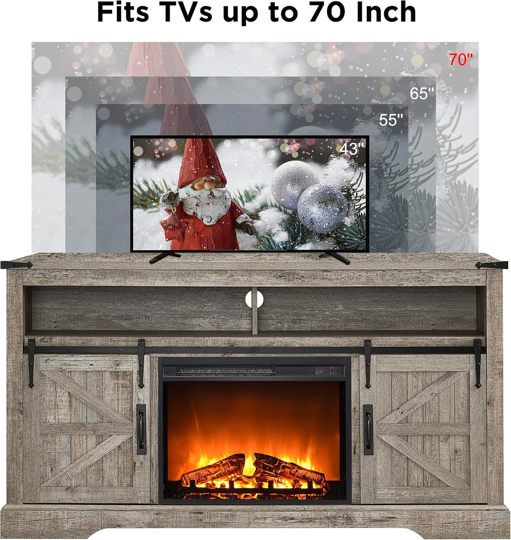 OKD Fireplace TV Stand for 65+ Inch TV, 33' Tall Highboy Farmhouse Entertainment Center w/ 23'' Electric Fireplace, Rustic Media Console w/Sliding Barn Door for Living Room, Light Rustic Oak