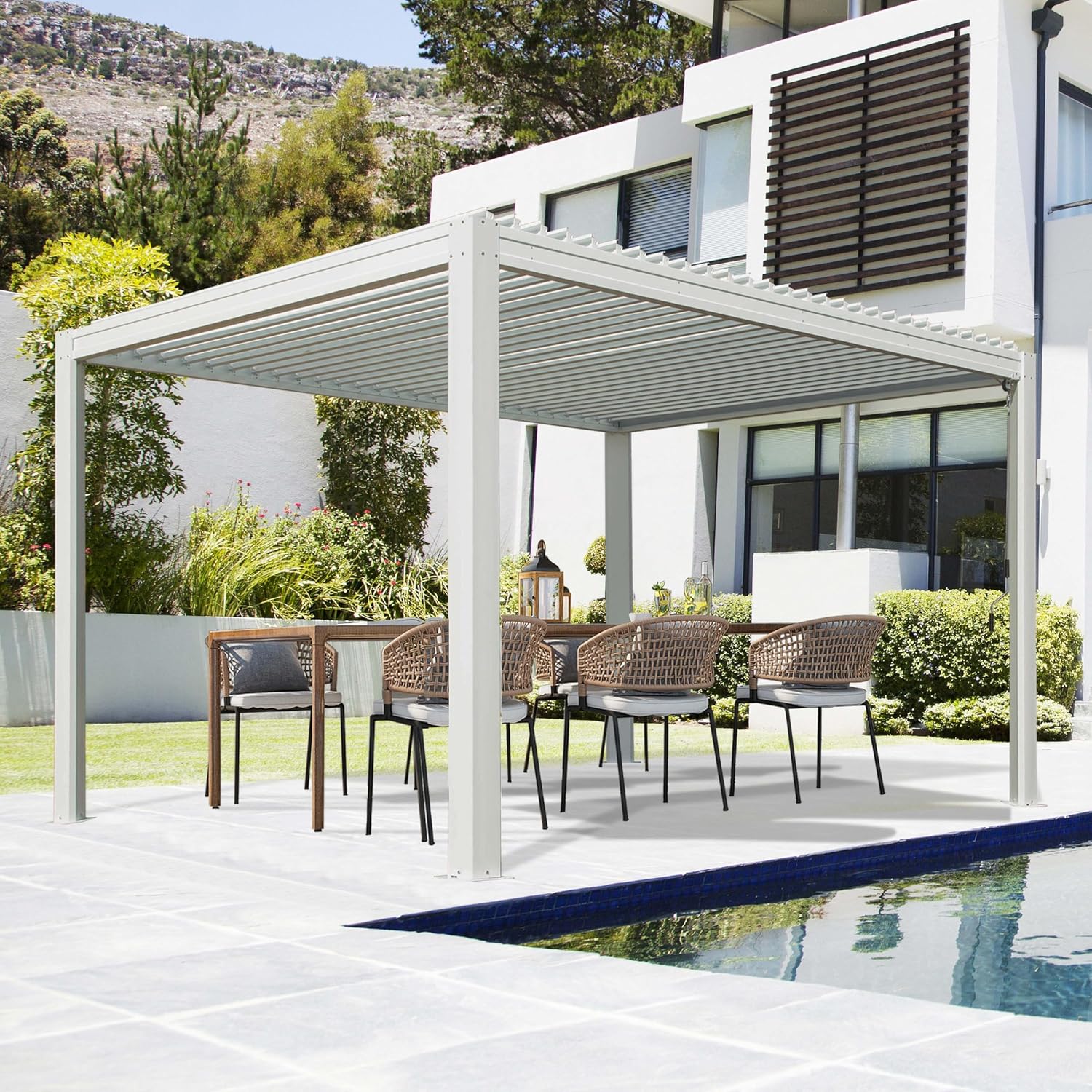 Domi Outdoor Pergola 10' x 10' Aluminum Louvered Pergola with Adjustable Roof, Aluminum Frame, Efficient Drainage System for Patio, Deck, Garden, White