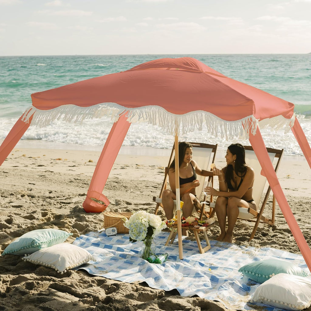 AMMSUN Beach Cabana with Fringe, 7' x 7' Boho Beach Canopy with Tassels, Easy Set up & Premium Wood Pole, Cabana Tent with Sand Pockets, Instant Sun Shade for Sand, Garden, Patio, Coral Pink