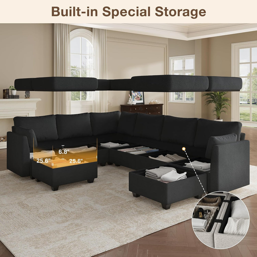Modular Sectional Sofa Couches, Large Convertible Modular Couches with Storage, 8-Seater Sectional Sofa for Living Room, U Shaped Sectional Couch Sleeper Sofa with Chaise (Black, 8 Seats)