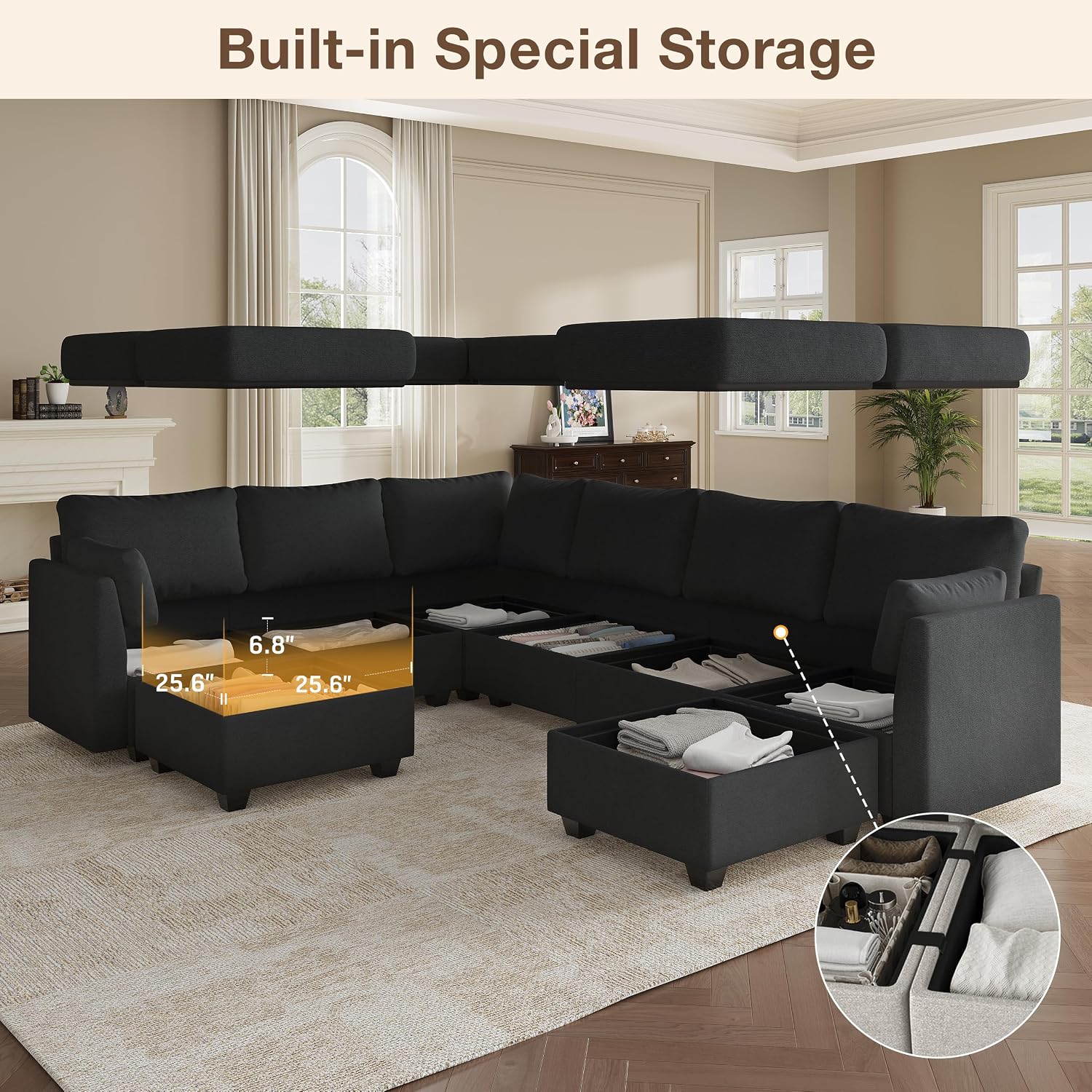 Modular Sectional Sofa Couches, Large Convertible Modular Couches with Storage, 8-Seater Sectional Sofa for Living Room, U Shaped Sectional Couch Sleeper Sofa with Chaise (Black, 8 Seats)