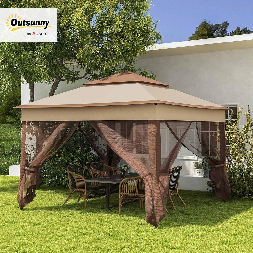 Outsunny 11' x 11' Pop Up Canopy, Outdoor Patio Gazebo Shelter with Removable Zipper Netting, Instant Event Tent w/ 114 Square Feet of Shade and Carry Bag for Backyard, Garden, Khaki