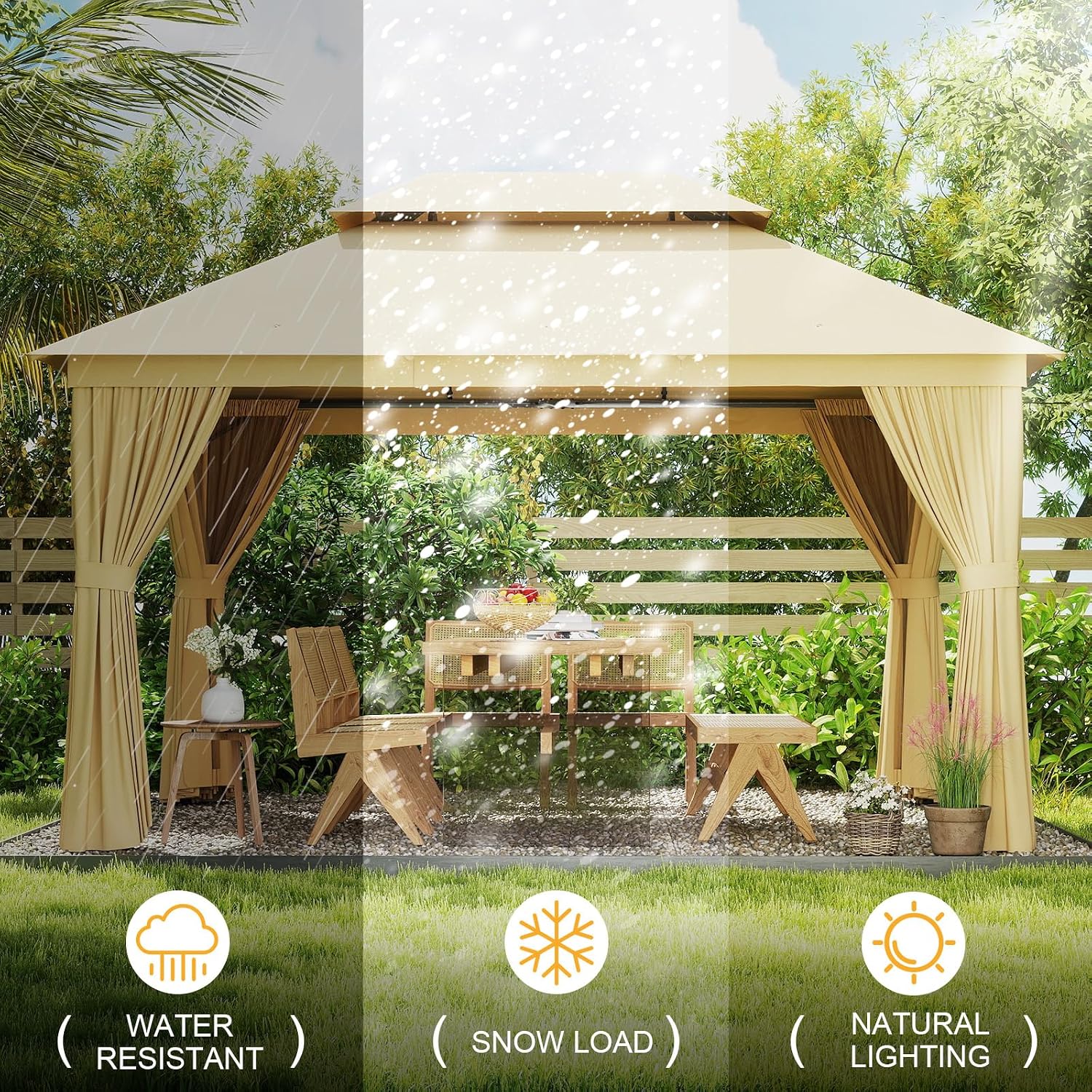 10' x 13' Khaki Large Pillar Double Roof Fabric Top Gazebo, Outdoor Patio Canopy with Curtains for Backyard, Garden, Lawn, and Events