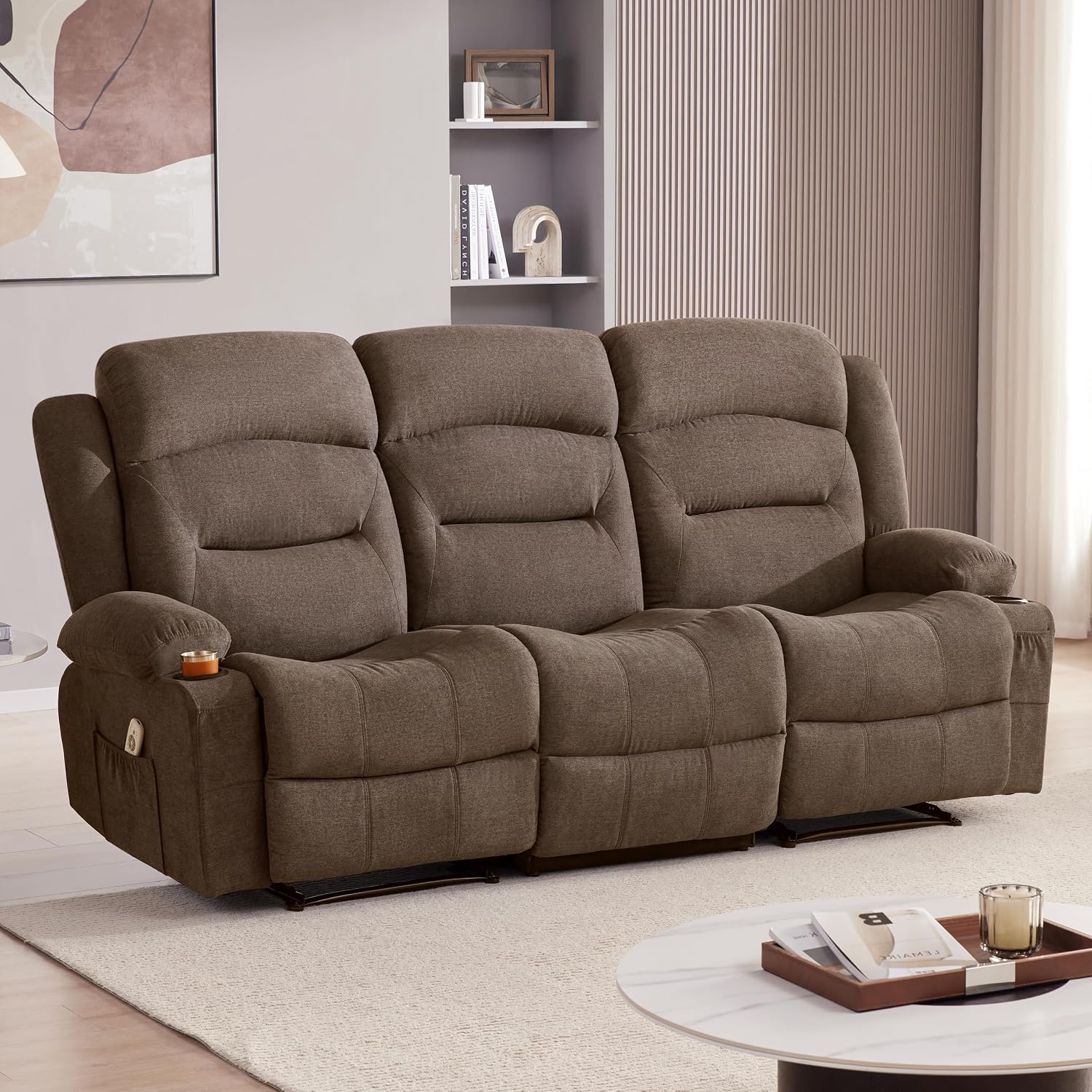 Oversized Recliner Sofa with Massage and Heat, Large Big 3-Seater RV Recliner Couch Sofa for Living Room, Wall-Hugger Reclining Sofa with Cup Holders and USB Port (Fabric, Brown)