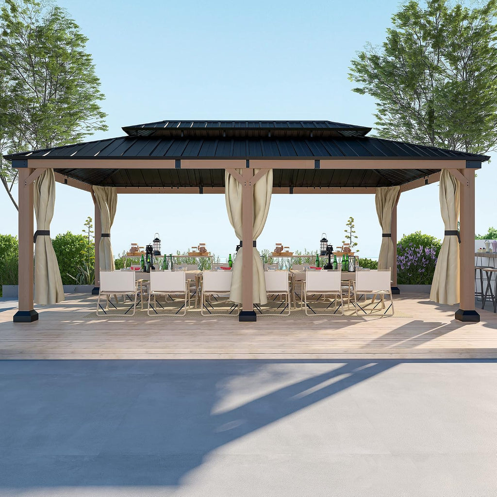 Cedar Wood Gazebo 12x20Ft Hardtop Gazebo with Curtains, Outdoor Permanent Gazebo Pergola with Galvanized Steel Double Roof Pavilion for Patio Lawn Garden