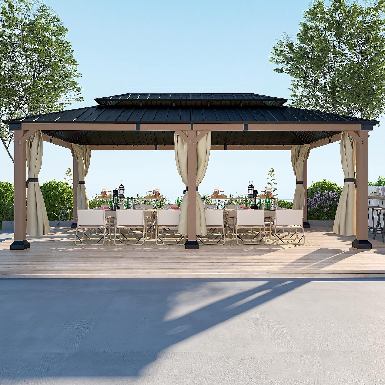 Cedar Wood Gazebo 12x20Ft Hardtop Gazebo with Curtains, Outdoor Permanent Gazebo Pergola with Galvanized Steel Double Roof Pavilion for Patio Lawn Garden
