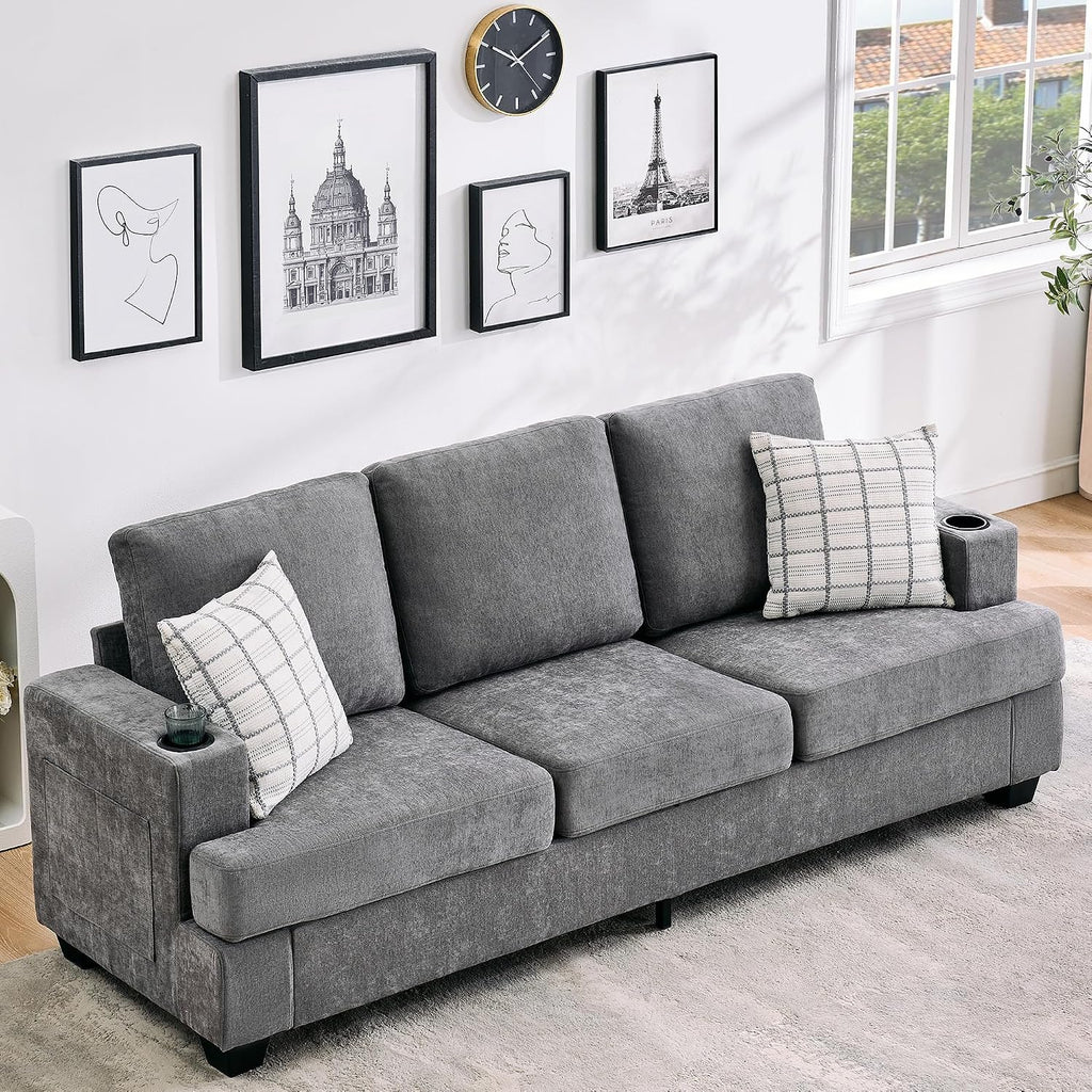 89' Chenille 3-Seater Sofa with Cup Holders and Side Storage Pockets, Modern Sofa for Living Room, Deep Seat Couches for Apartment Lounge, Grey