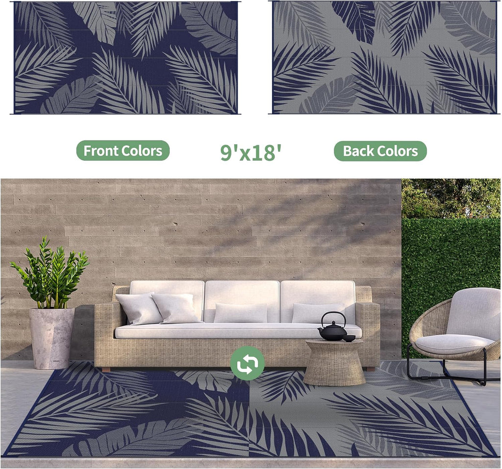 GENIMO Outdoor Rug 9' x 18' Waterproof for Patios Clearance, Reversible Outdoor Plastic Straw Camping Rug Carpet, Large Area Rugs Mats for RV, Camper, Deck, Balcony, Porch, Beach, Navy Blue&Grey