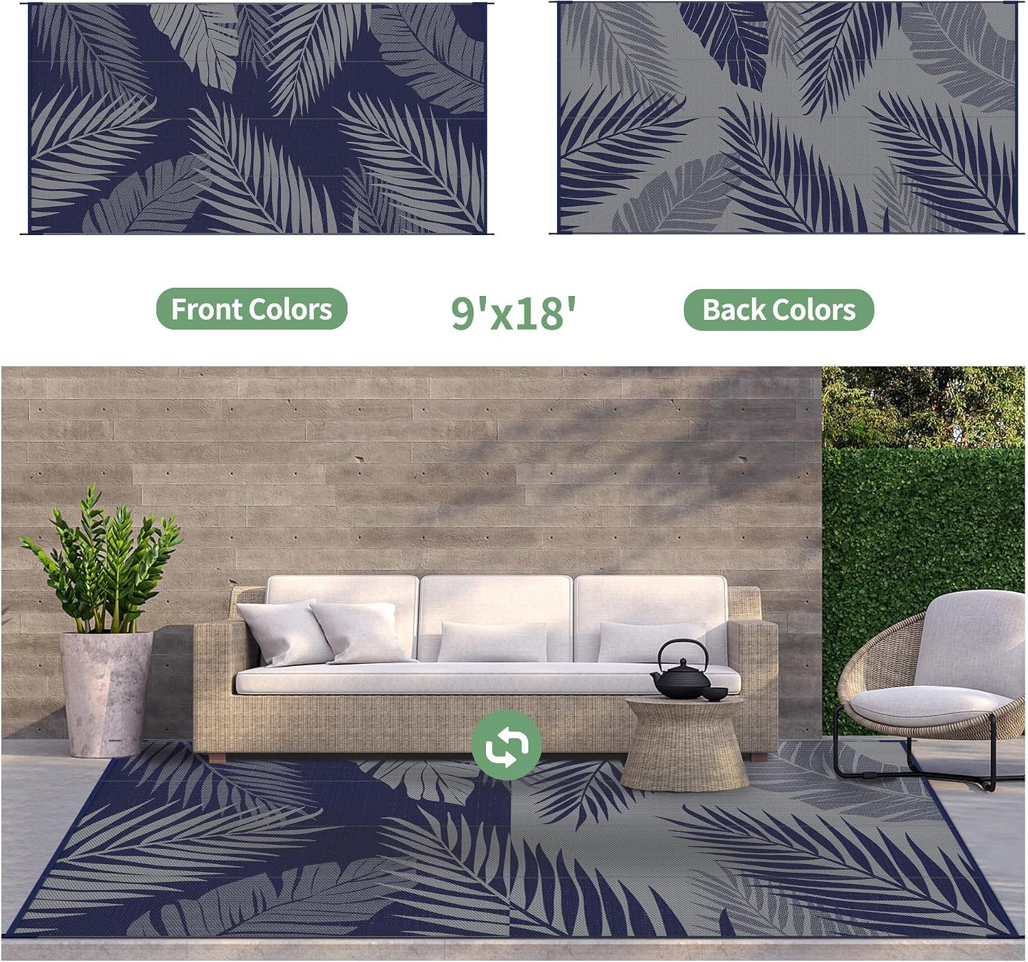 GENIMO Outdoor Rug 9' x 18' Waterproof for Patios Clearance, Reversible Outdoor Plastic Straw Camping Rug Carpet, Large Area Rugs Mats for RV, Camper, Deck, Balcony, Porch, Beach, Navy Blue&Grey