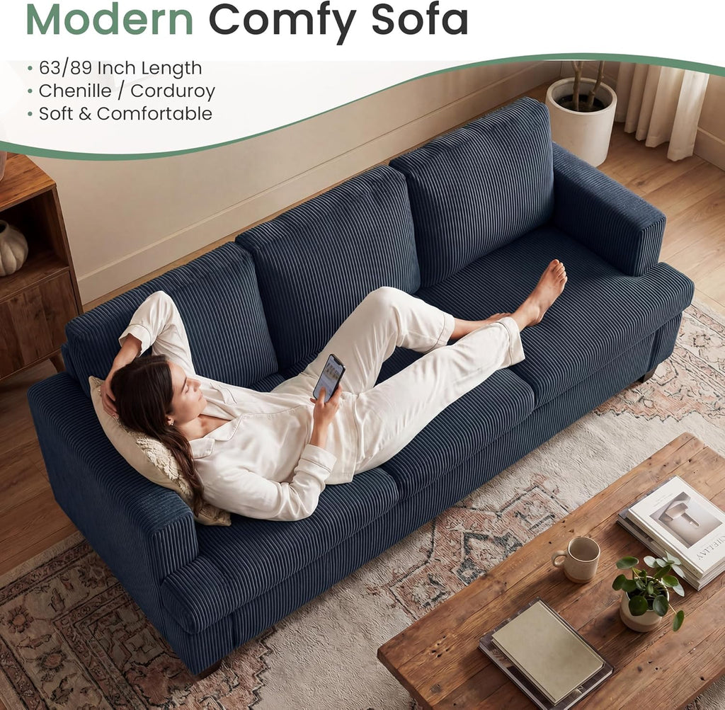YOUDENOVA 2 Piece Set Comfy Sofa Couch, 3 Seater & Loveseat Sofa with Deep Seats, Modern Sleeper Couch for Living Room, Blue Corduroy