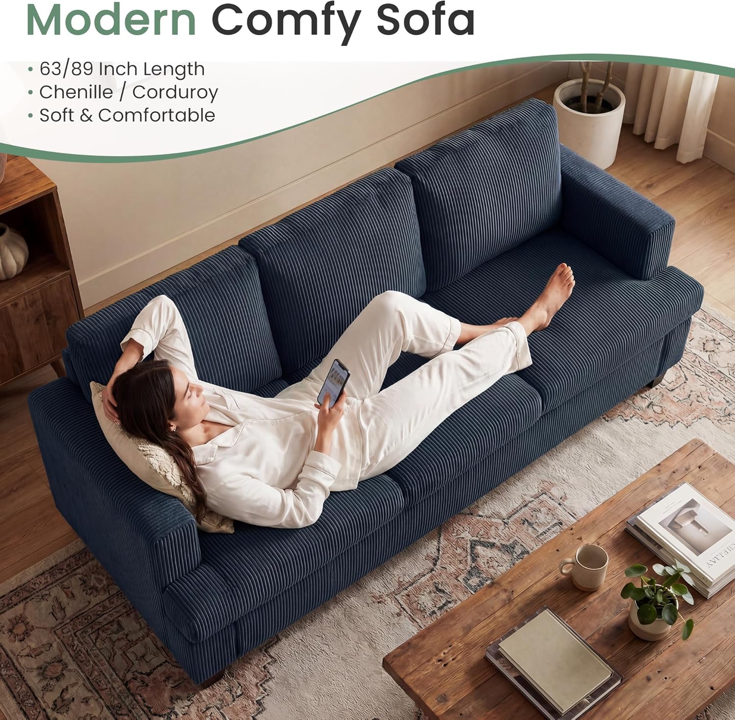 YOUDENOVA 2 Piece Set Comfy Sofa Couch, 3 Seater & Loveseat Sofa with Deep Seats, Modern Sleeper Couch for Living Room, Blue Corduroy