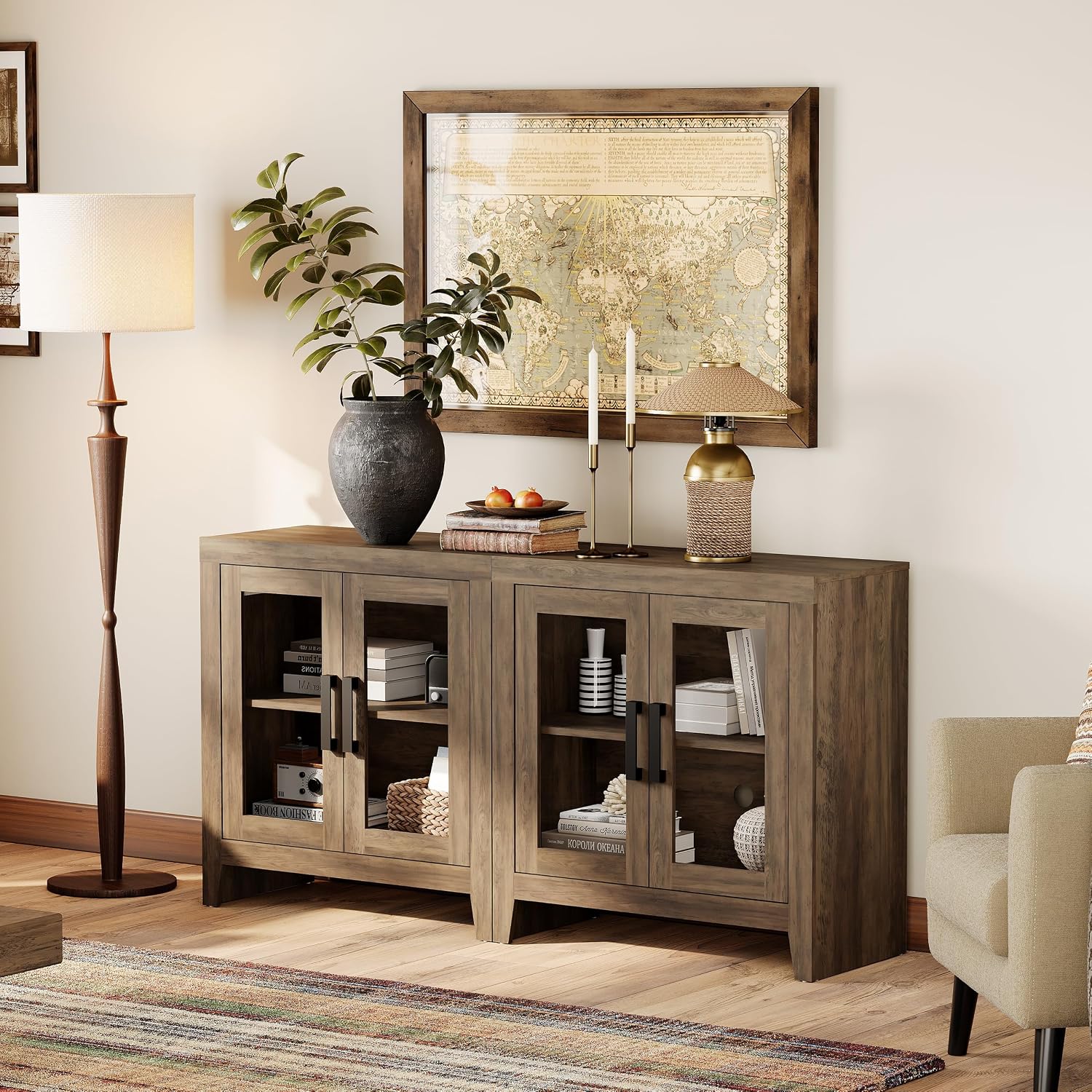 WAMPAT Farmhouse TV Stand for TVs up to 65', Rustic Wood Entertainment Center with Adjustable Shelf, Glass Doors & Storage, Media Console Cabinet for Living-Room, Bedroom, Brown