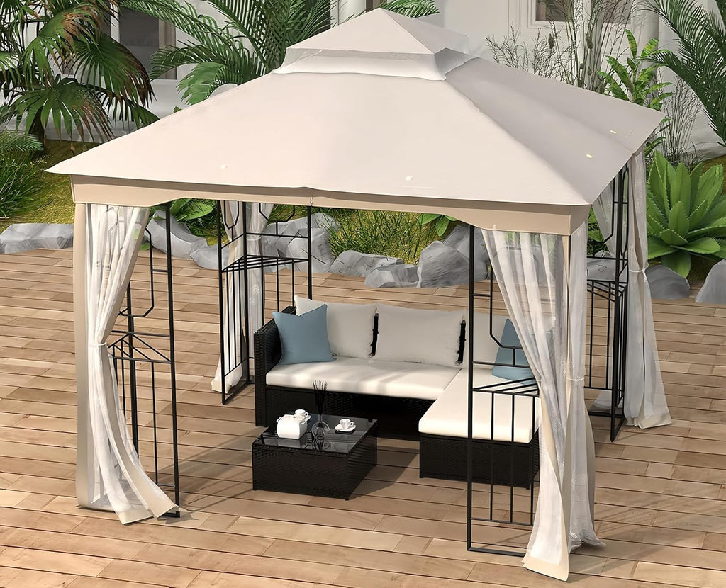 10X10FT Softtop Metal Gazebo with Mosquito Net Sunshade Curtains,Sturdy Heavy Duty Double Roof Canopy,Galvanized Steel Design Outdoor Tent,Suitable for Gardens,Patio,Backyard