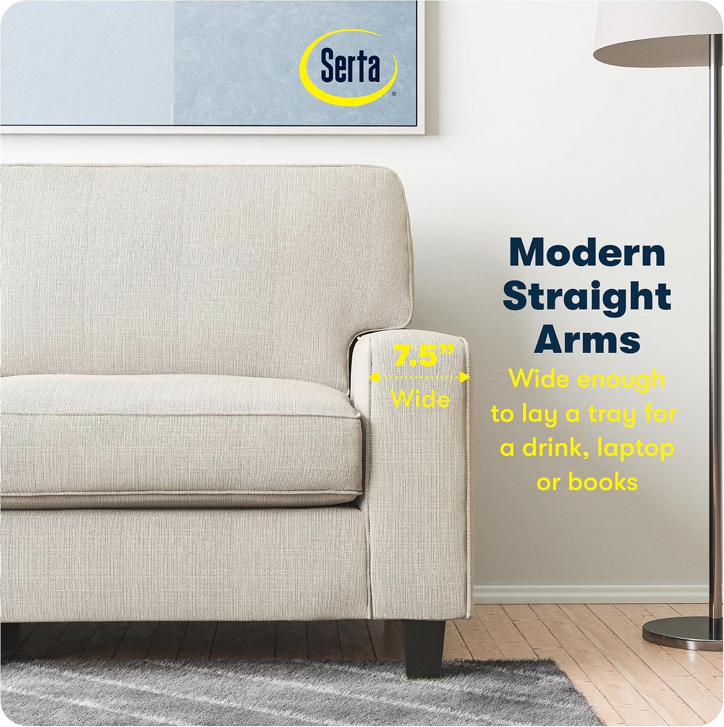 Serta Palisades 78' Track Arm Sofa, Easy Care Polyester, Soft Pillow Back, Pocket Coil Seat Cushions, Removable Covers, Loveseat or Couch for Small Spaces, Living Rooms or Bedrooms, Buckwheat Beige