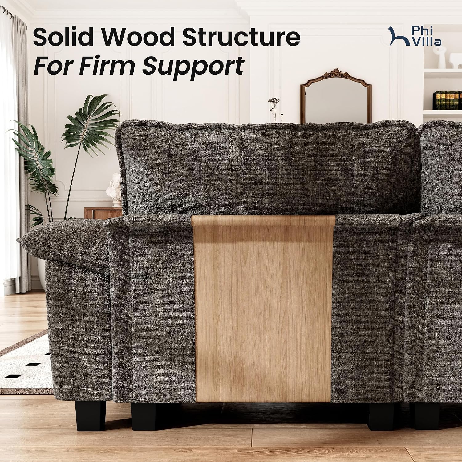 PHI VILLA Modern Modular Couches Sets, 123.6' Cloud Sectional Sofa with Upholstered Deep Seat, 3-Seater Couch for Living Room Small Spaces, Chenille Fabric, Smoky Grey