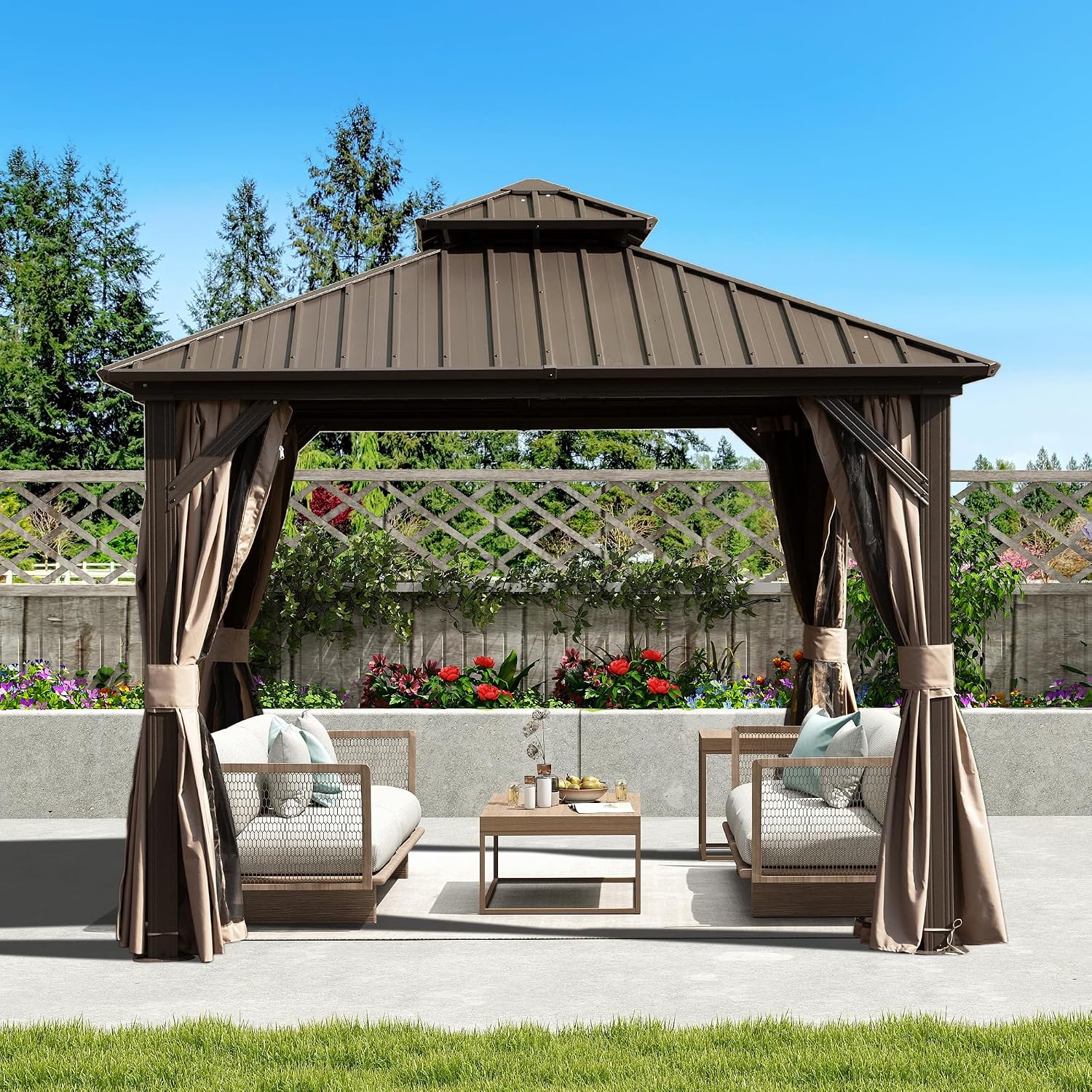Domi 8'x8' Hardtop Gazebo, Outdoor Metal Gazebo with Galvanized Steel Double Roof, Curtains & Netting, Permanent Pavilion for Patio, Backyard, Party, Outdoor Dining, Brown