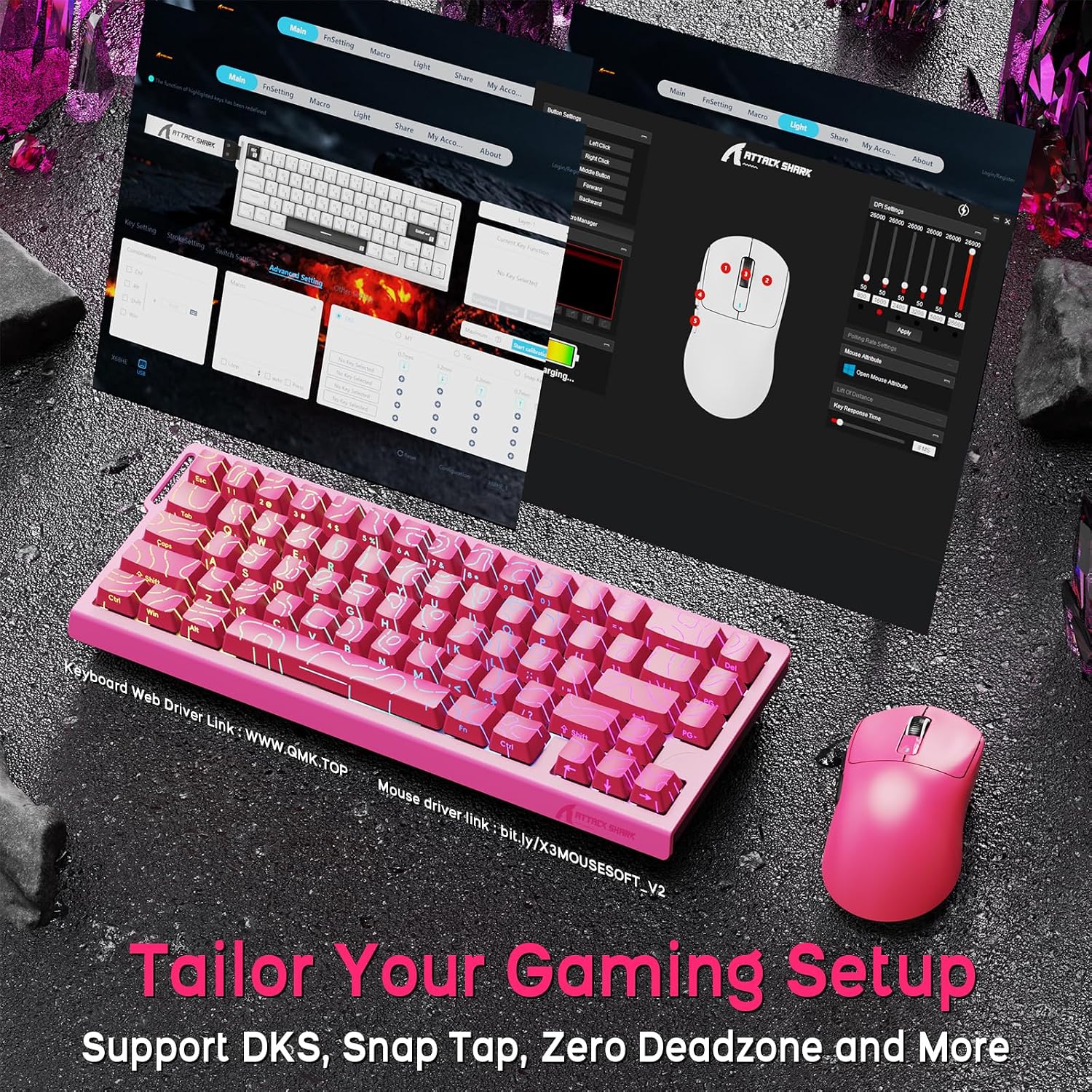 ATTACK SHARK X68 HE Wired Magnetic Keyboard with X3 Wireless Gaming Mouse Combos, 8KHz Rapid Trigger Keyboard, 0.01mm RT Accuracy, 49g Superlight Mouse, PAW3395, 26000 DPI - Pink Contours