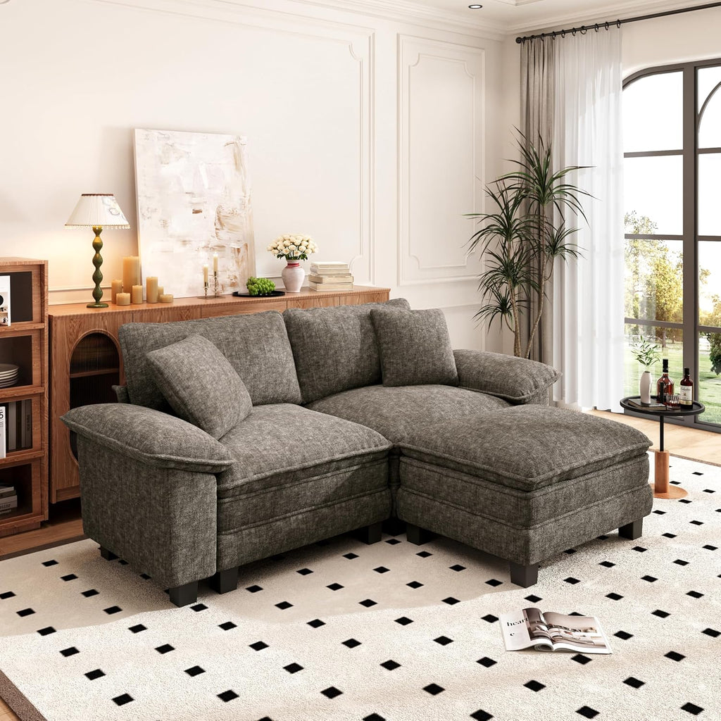 PHI VILLA Cloud Modular Couches Sets, 87.5' Sectional Loveseat Sofa with 1 Movable Ottoman, 3-Seater Comfy Couches for Living Room Apartment, Chenille Fabric, Smoky Grey