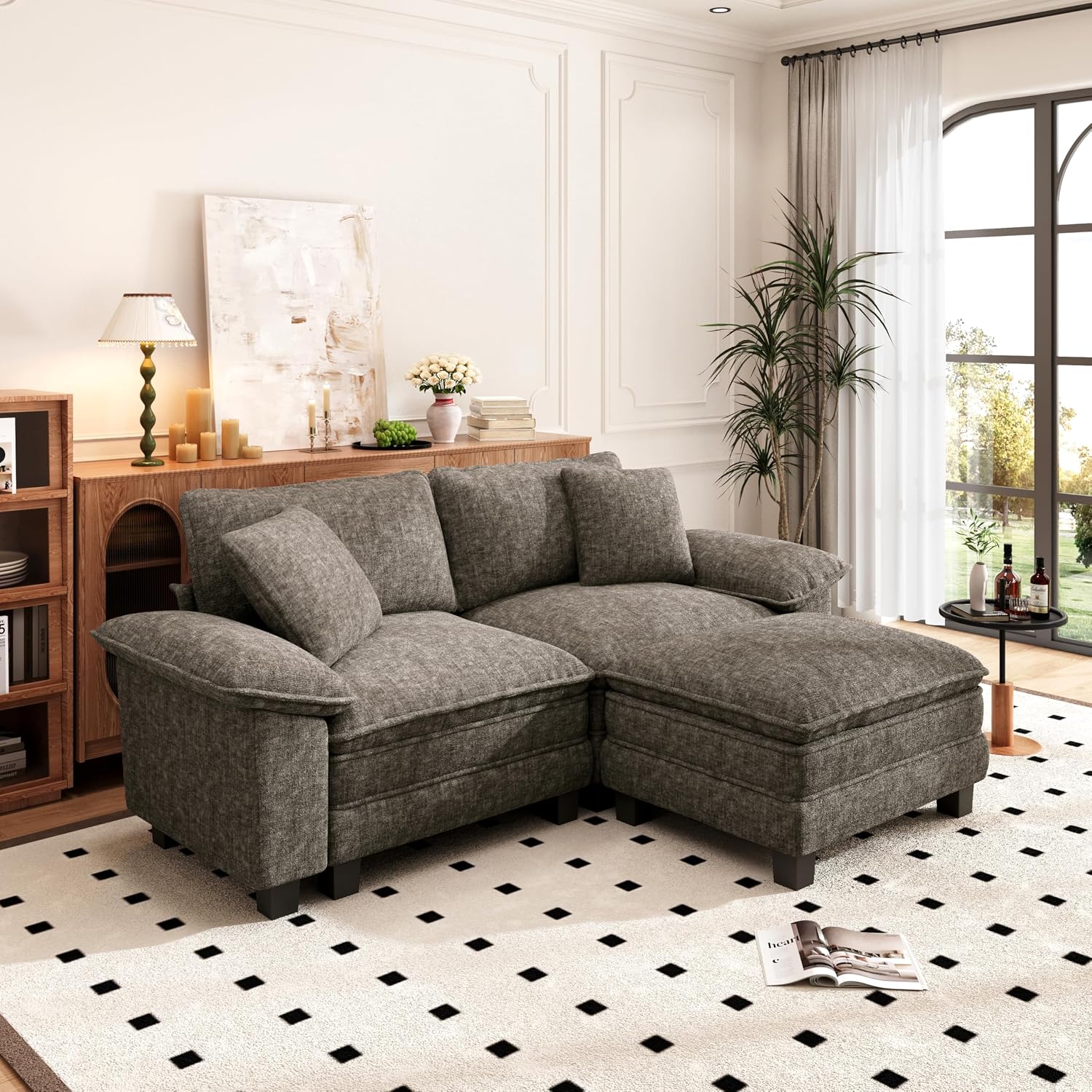 PHI VILLA Cloud Modular Couches Sets, 87.5' Sectional Loveseat Sofa with 1 Movable Ottoman, 3-Seater Comfy Couches for Living Room Apartment, Chenille Fabric, Smoky Grey
