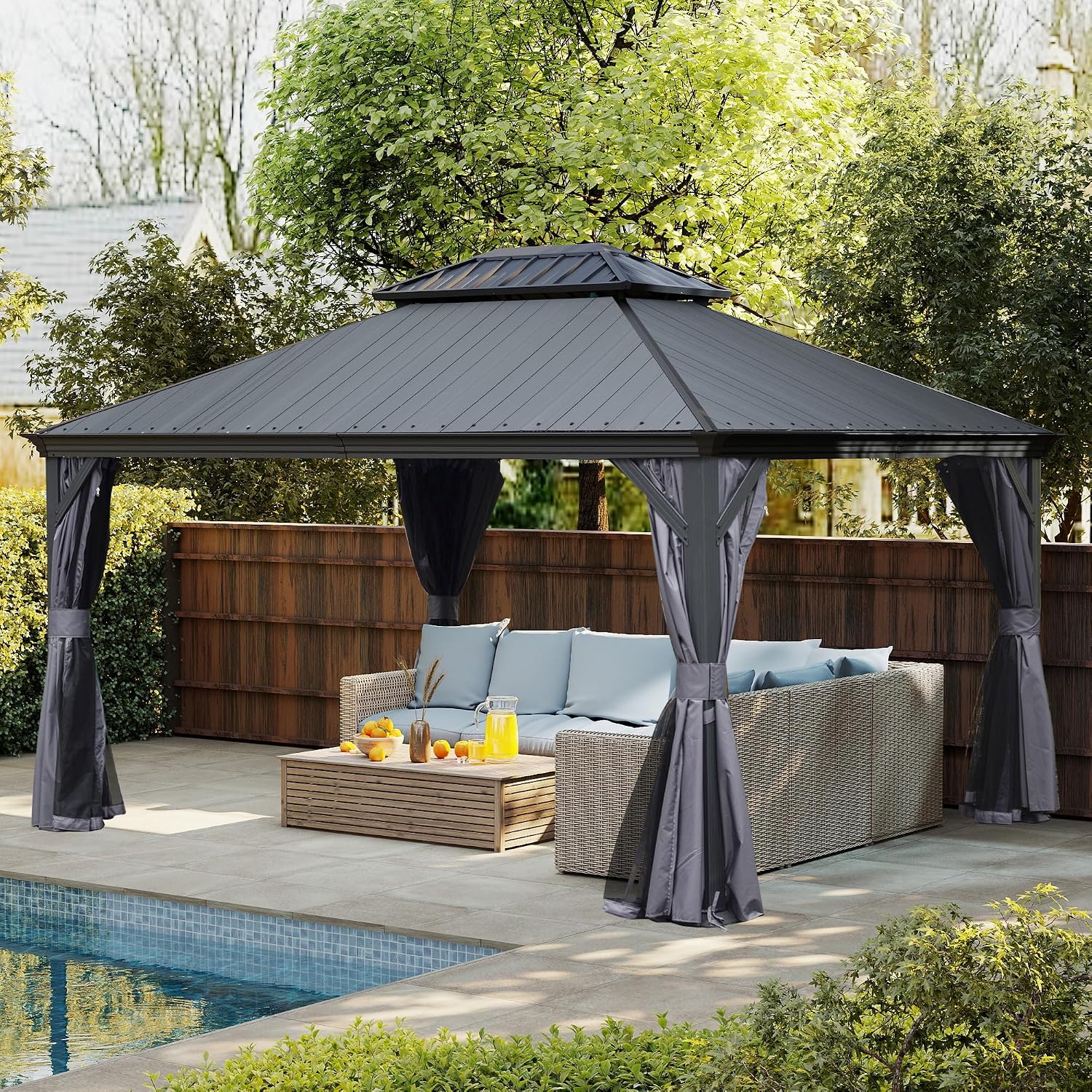 Domi 12' X 14' Hardtop Gazebo, Upgraded Metal Gazebo with Dual-Layer Resin Roof, Drainage System, Curtain and Netting, Outdoor Shelter Canopy for Patio, Garden, and Backyard, Grey