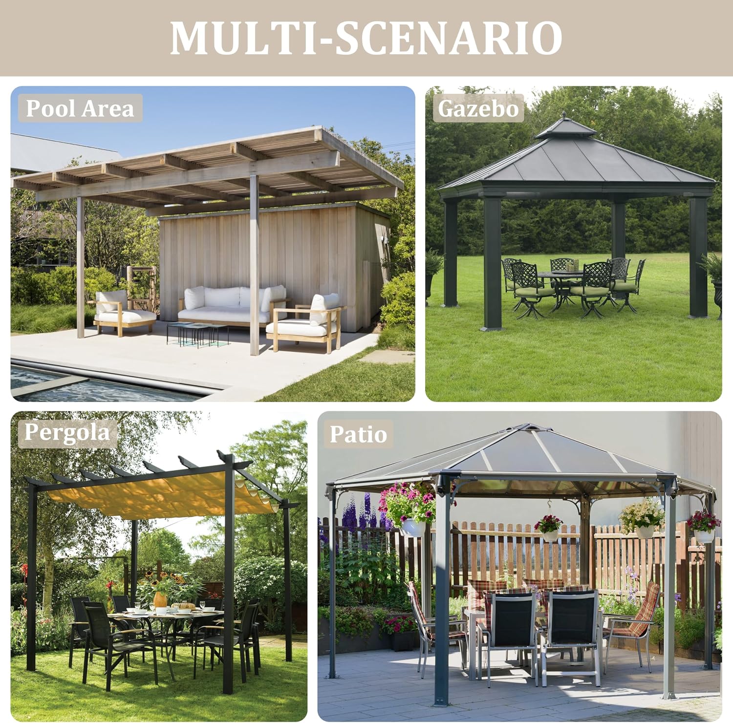 Outdoor Gazebo Curtain Replacement Universal 4-Panel Sidewalls 10' X 12',Outdoor Patio Waterproof Privacy Curtain with Double Zipper for Patio,Garden, and Backyard (Curtain Only)