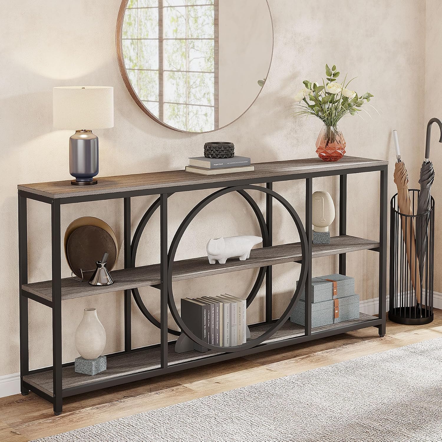 Tribesigns 70.9 inch Sofa Console Table, Extra Long Narrow Entryway Tables with 3 Tier Wood Storage Shelves Metal Frame for Foyer Hallway Living Room Behind Couch, Black Rustic Gray